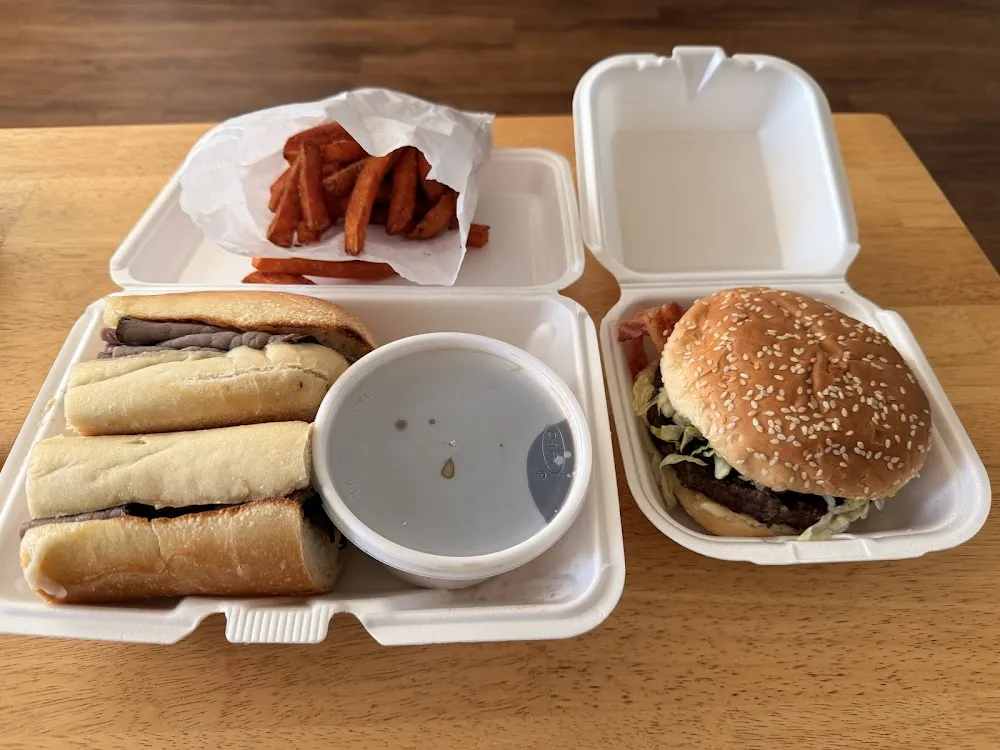 French Dip Sandwich Bacon Burger Sweet Potato Fries